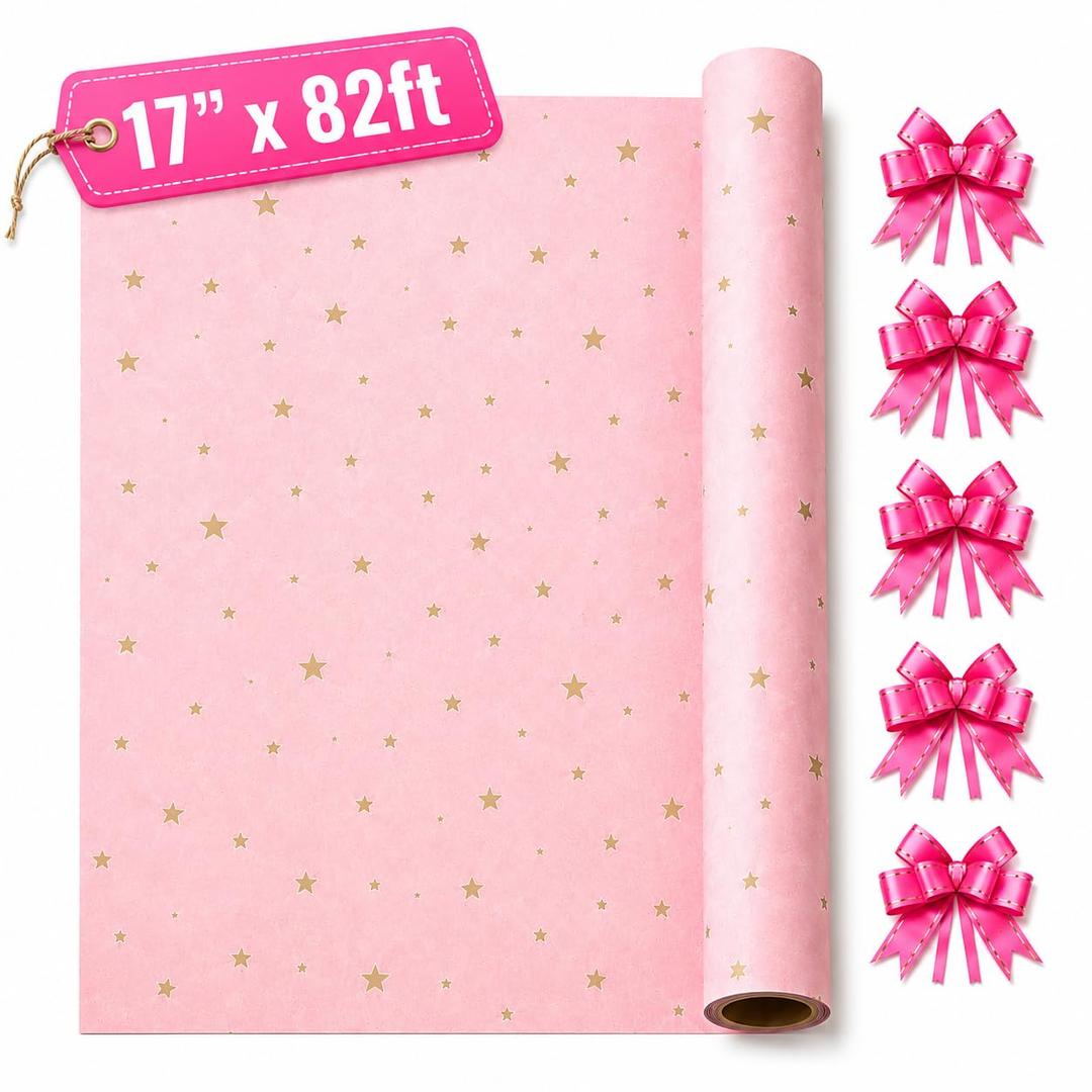 2 x HURUC Pink Star Wrapping Roll 17" x 82ft Gold Star Design, Kraft Wrap