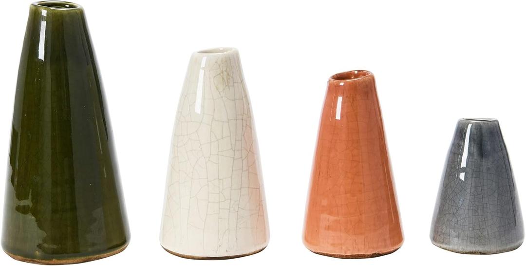 Creative Co-Op Conical Stoneware Bud Vases in Crackle Glaze, Olive/Terracotta Tones, Set of 4