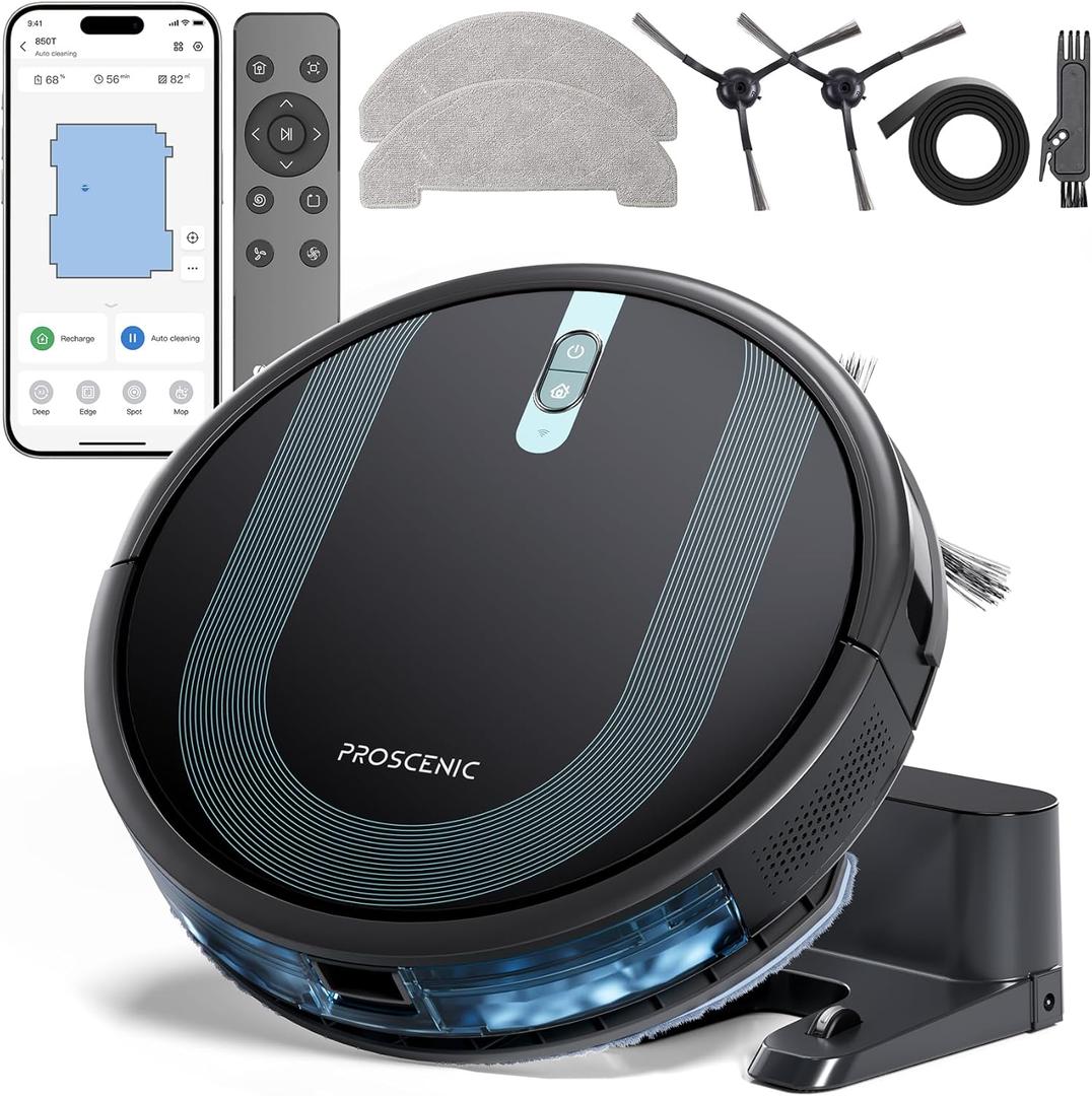 Proscenic WiFi Robot Vacuum and Mop 3000 Pa with Gyro Navigation, Boundary Strip, Self-Charging -3 Modes for Hard Floors and Carpets WiFi. Remote Control -Dark Black