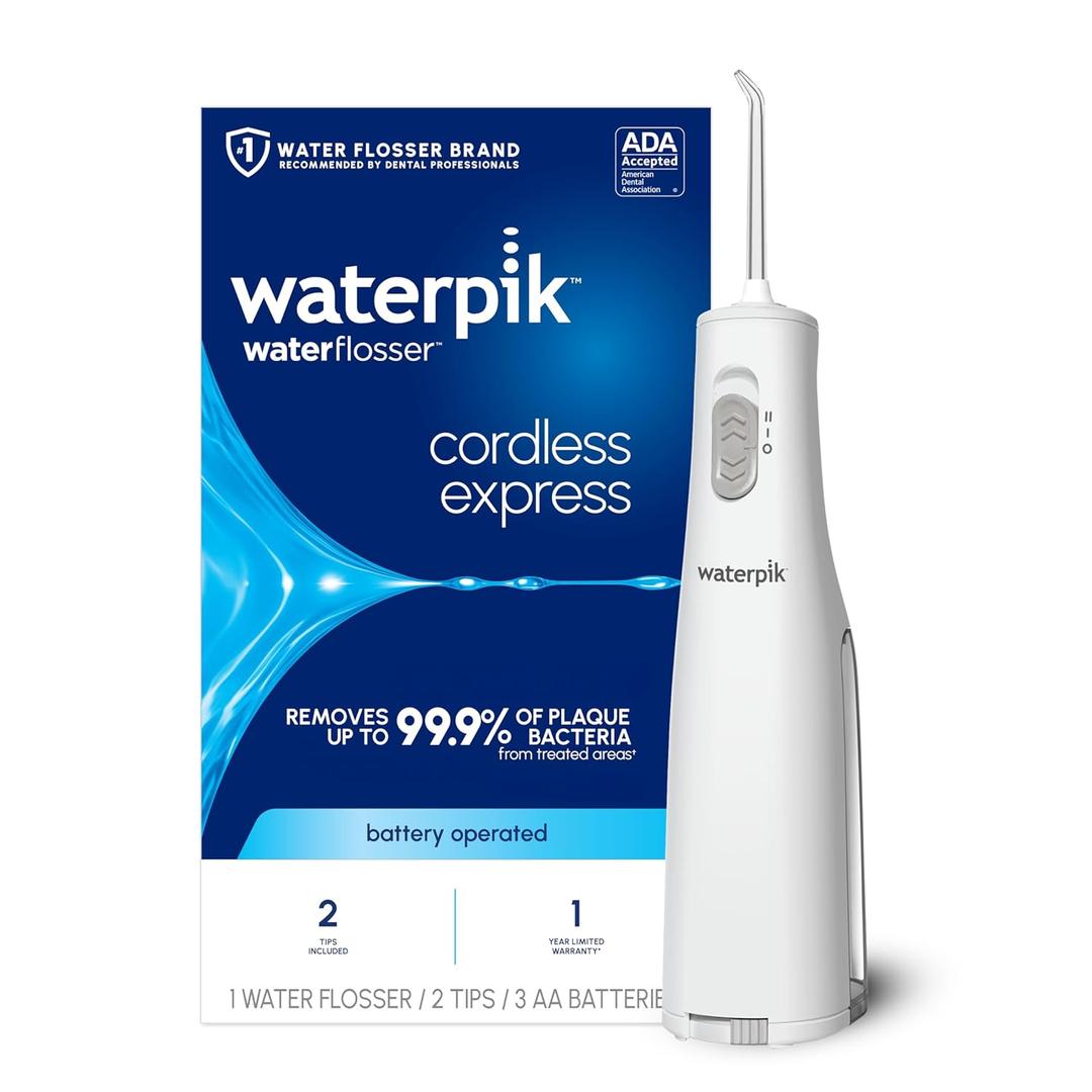 Waterpik Cordless Express Water Flosser, Battery Operated & Portable for Travel & Home, ADA Accepted, Waterproof for Shower Use, White WF-02