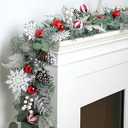 Solsew 6 Feet Snow Flocked Christmas Garland for Mantle White Garland with Silver White Balls Snowflake Pine Cones for Fireplace Table Centerpiece Front Door Staircase Decoration(Silver, Green, Red)