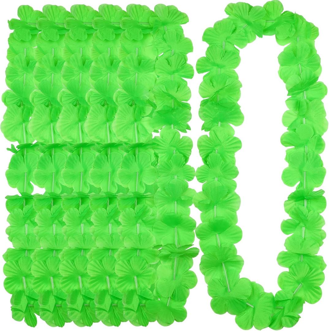 24 Counts Hawaiian Leis Necklace Tropical Flower Lei Floral Luau Party Decorations Hawaiian Flower Luau Necklaces Hula Dance Garland Headbands for Beach Birthday Wedding Party(Green)