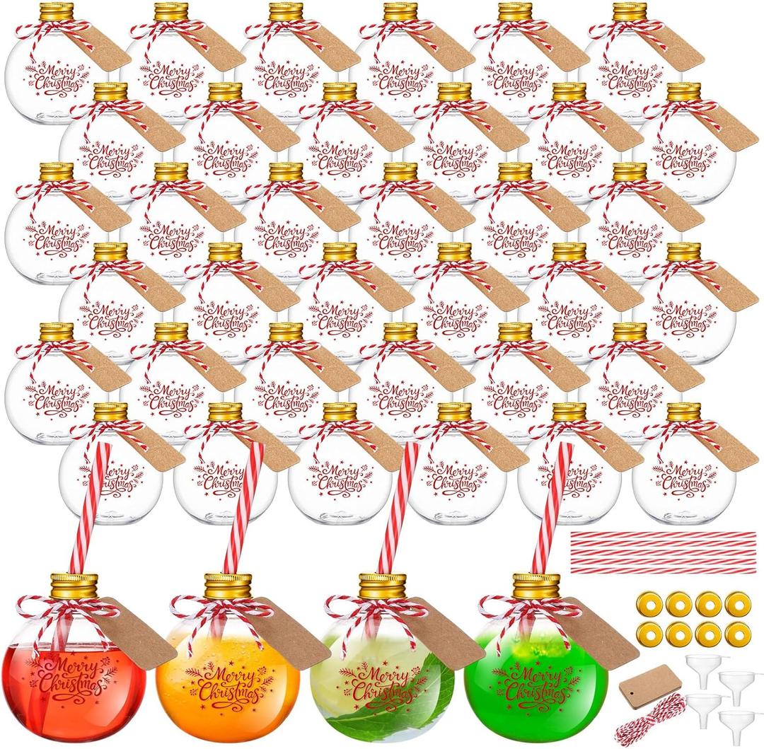 Baderke 30 Pcs 6 oz Plastic Potion Bottles for Drinks Christmas Ornament Drink Balls with Straw and Tags Plastic Refillable Cocktail Decorate Ball(Gold, Merry Christmas)