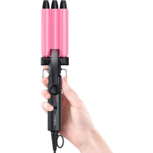 Mini Crimper for Short Hair 1/2 Inch, Small Beach Waves Tool, 3 Barrel Waver With Argan Oil Infused, Easy to Use Curling Iron (Pink)