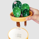 Cactus Measuring Spoons Set in Pot, Cute Ceramic Measuring Spoons and Cups, Kitchen Cacti Spoon with Holder, Baking Measuring Cups Ornaments Gift (4 Color Spoon/Wave Pattern Base)