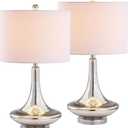 JONATHAN Y 25.5" Mercury Silver Glass Teardrop Table Lamp Set of 2 for Bedroom, Modern Bedside Lamps for Living Room, White Linen Drum Shade, LED Bulbs Included JYL1081A-SET2