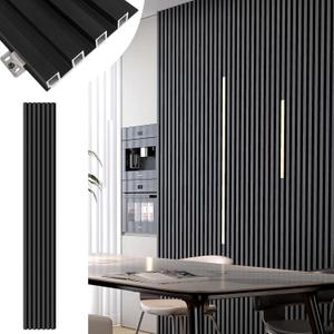 Black Wall Panels for Interior Decor 96x6.6in 8Pack WPC Wall Panel Waterproof Matte Finish Black 3D Accent Wall for Living Room Bedroom Hall Office, 33.6 sq.ft Coverage Slat Wall Paneling