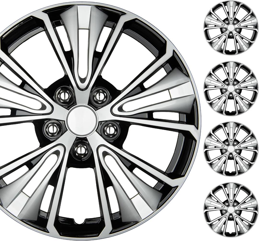 BDK 16 Inch Hubcaps Set of 3 OEM Replacement Snap-On Wheel Rim Covers - Universal Fit Car Wheel Cover for Cars, Trucks, SUV, Vans Durable ABS Black & Silver 5-Spoke Hub-Cap Car Accessories Exterior