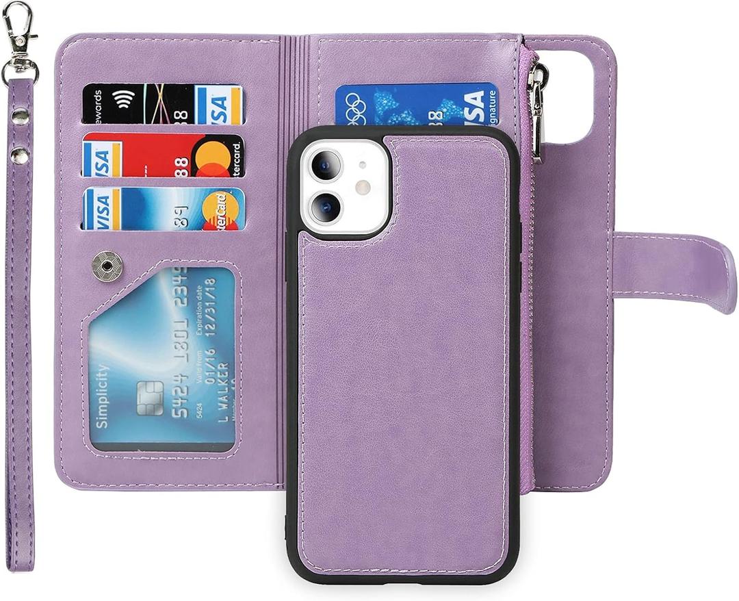 iCoverCase for iPhone 11 Wallet Case with Card Holder and Wrist Strap, PU Leather Kickstand Card Slots Zipper Pocket Magnetic [Detachable] Flip Cover Case 6.1 Inch (Purple)