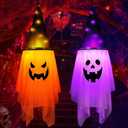 LOGOFUN Halloween LED Lighted Ghost Hanging Decorations Hanging Glowing Ghost with Witch Hat Ghost Pendant with String Light - Orange And White, Pack 2