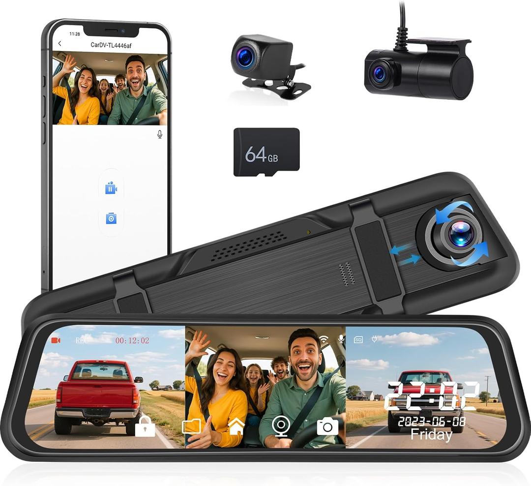 3 Channel 9.66'' WiFi Mirror Dash Cam with Front and Rear Camera IPS Touch Screen,Triple Rear View Mirror Camera with App Recording,64GB TF Card,Loop Recording,Night Vision, G-Sensor Parking Monitor