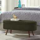 24KF Elegant Oval Entryway Bench with Wood Legs, Upholstered Cozy Teddy Fabric Storage Bench Ottomans for Living Room & Bedroom, 5068-Teddy-Dark Green