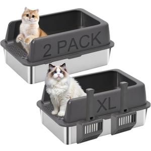 2 Pack Stainless Steel Open Cat Litter Box with High Sides, Large Cat Litter Tray for Big Cats, Metal Litter Box, Easy Cleaning, Include Scoop, 24" L x 16" W x 9.8" H(Dark Gray)