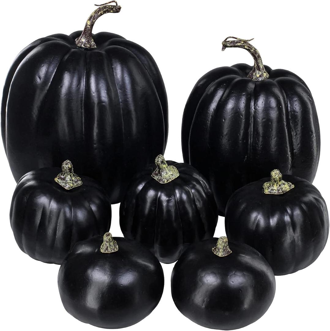 Winlyn 7 Pcs Assorted Artificial Black Pumpkins Halloween Faux Rustic Decorative Foam Pumpkins for Fall Halloween Thanksgiving Tabletop Centerpiece Mantel Kitchen Decor