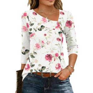LUYAA Spring Tops for Women Fashion Clothing Business Casual Floral Print 3/4 Sleeve Dressy Shirt Loose Fit Button Blouses Red Floral XXL