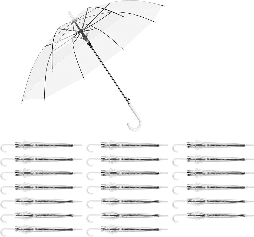 20 Pack Clear Umbrellas for Wedding Guests, Bulk Wedding Umbrellas for Outdoor Ceremony & Events, Auto Open Transparent Stick Umbrella with J Hook Handle for Photos, Light Rain Backup