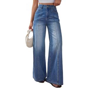 Trendy Queen Women's Wide Leg Baggy Jeans - High Waisted Relaxed Fit Pants, Super Soft Stretch Denim with Front Seam (14, Blue)