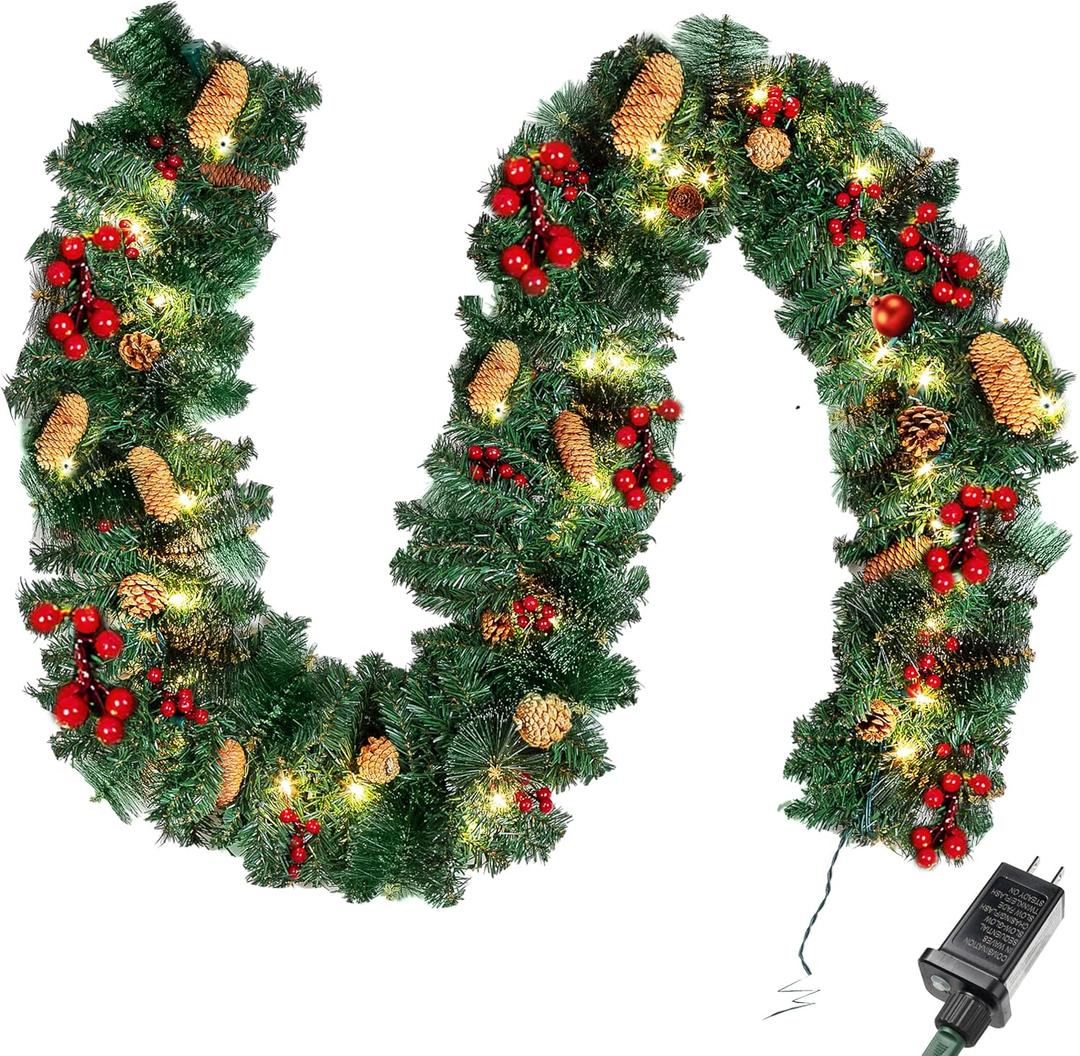 Joiedomi 9FT Christmas Garland Prelit with 50 Count String Lights, Bristle, Pine Cones, Holly Berries for Outdoor & Indoor Winter Christmas and Holidays Decorations, Plug in Lighted Pine Garland, Holly Berries Garland