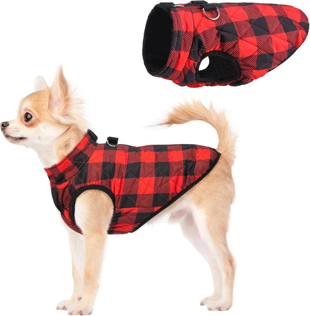 SCENEREAL Dog Winter Coat - Warm Dog Jacket with Built-in Harness for Small & Medium Dogs, Waterproof Cold Weather Coat with Zipper, Fleece Puffer Vest Windproof Snow Clothes for Puppy & Pet (S(Chest 14")-Regular, #2 Red Plaid-Gloss)