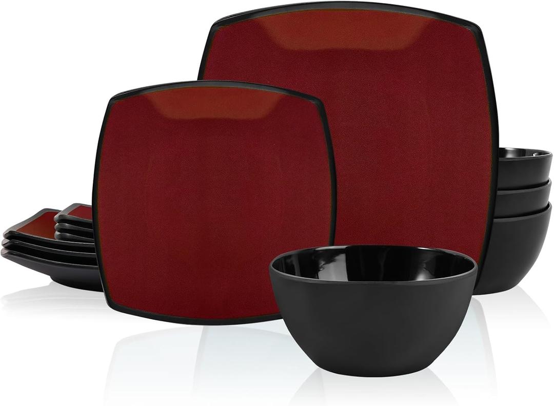 Square Melamine Dinnerware Sets 12 Piece Service for 4 Deep Red Plates and Bowls Sets for Indoor/Outdoor Grill, Holiday Party, Camping