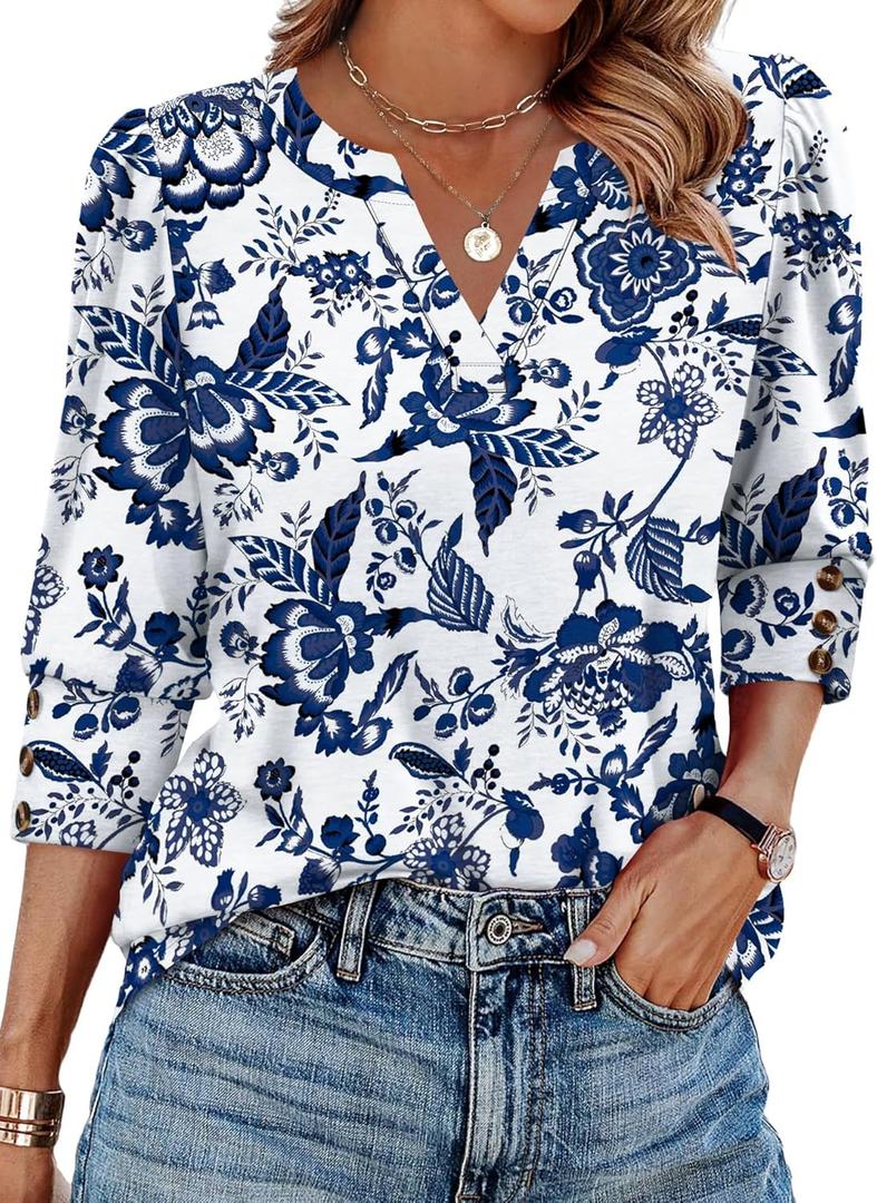 WIHOLL 3/4 Length Sleeve Womens Tops with Button Cuffs Dressy Casual V Neck Summer Outfits Early Fall Fashion Spring Clothes (Blue, XXXL)