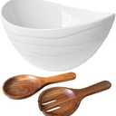 Qlans Ceramic Oval Salad Bowl Set, Comes with Wooden Salad Utensils - Large Mixing Deep Bowl, Large Capacity 116OZ