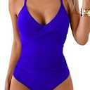 B2prity Women's One Piece Swimsuits Tummy Control Front Cross Bathing Suits Tie Back Slimming V Neck Swimwear(Blue) L