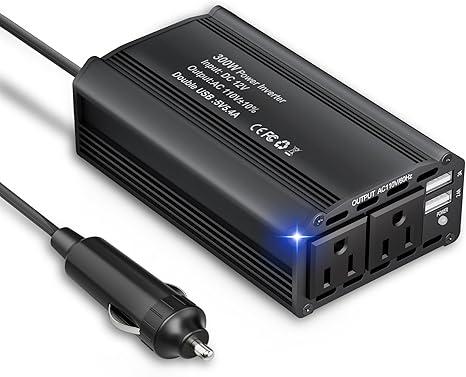 300W Power Inverter 12V DC to 110V AC Car Plug Adapter Outlet Converter with 3A/ 2.4A USB AC Car Charger for Laptop Computer, Road Trip Essentials Camping Accessories Black
