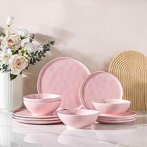 LERATIO Ceramic Dinnerware Sets for 4,Porcelain Plates and Bowls Sets with Wavy Edge,Microwave & Dishwasher & Oven Safe,Light Weight & Scratch Resistant Dishes Sets-Service for 4 (12pcs) (Modern-  Pink)