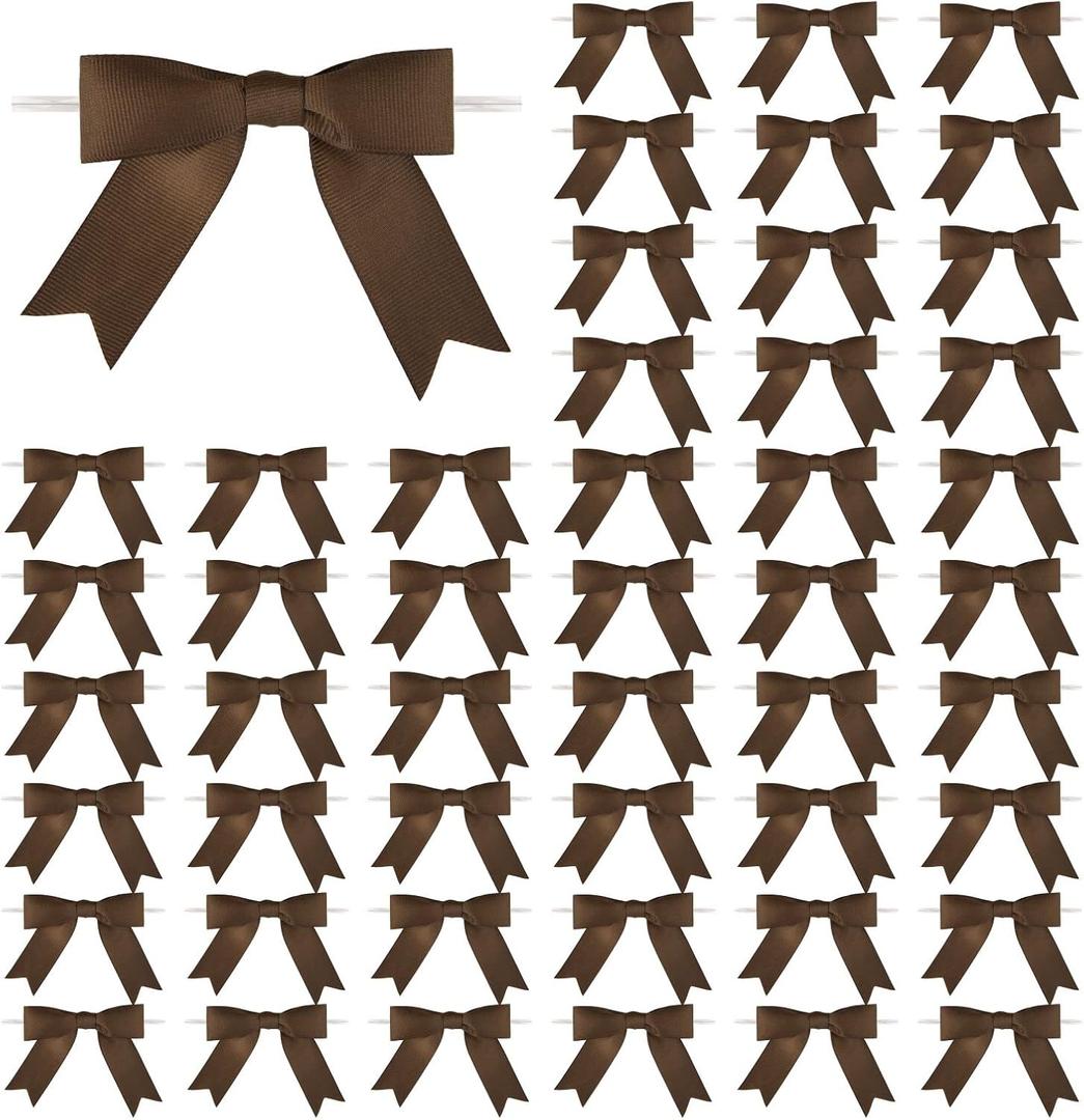 Meseey 50 Pcs 3 Inches Grosgrain Ribbon Twist Tie Bows Brown Pretied Bows Premade Craft Bows for Treat Bags Gift Wrapping Basket Wedding Baby Shower Brithday Valentine's Day Christmas Party (Brown)