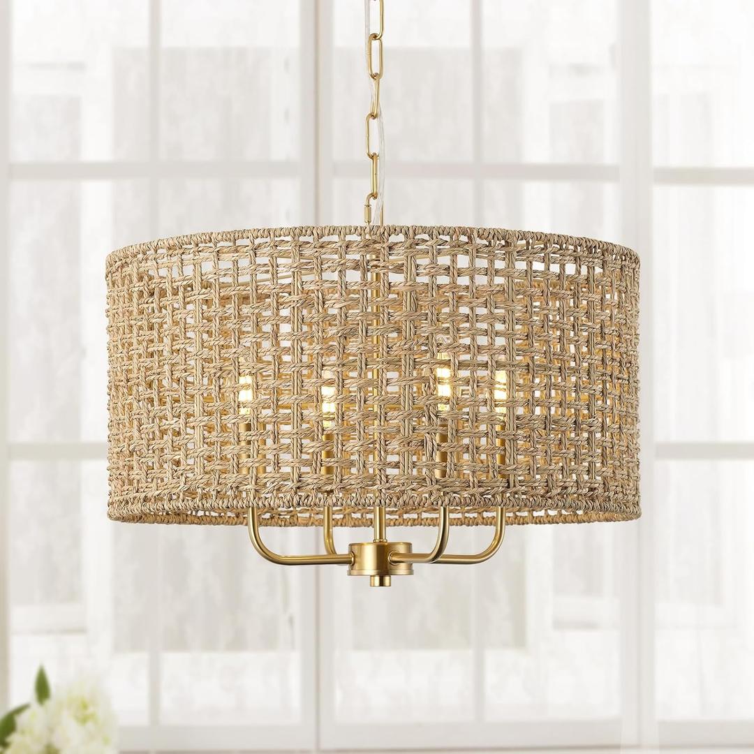 Rattan Drum Chandeliers for Dining Room, 4-Light Bohemian Hand-Woven Farmhouse Pendant Light Dining Room Light Fixture Chandelier for Entryway Living Room Kitchen Stairway Bedroom Hallway(Gold)
