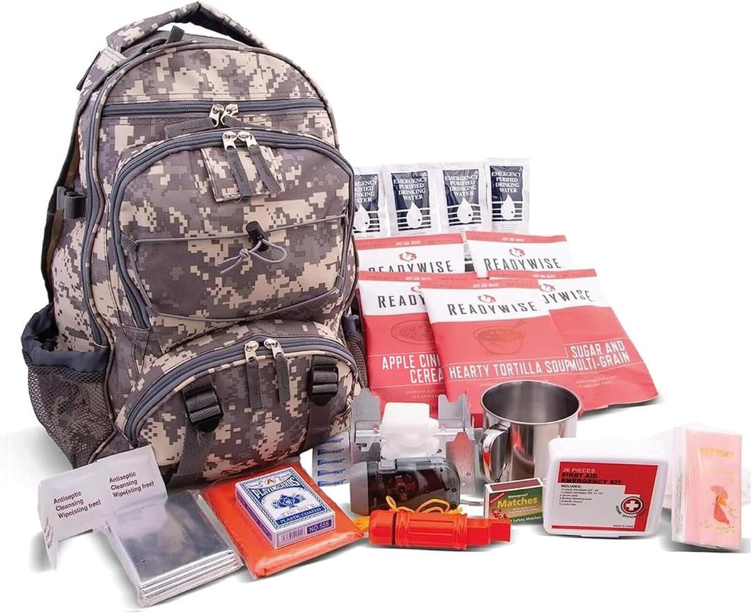 ReadyWise Emergency Survival Gear  Tactical Military Backpack, Camping Essentials Bug Out Bag & Survival Kit, Prepper & Hurricane Supplies, Meal Pouches with up to 25 Year Shelf Life, 64 Piece (Camo)