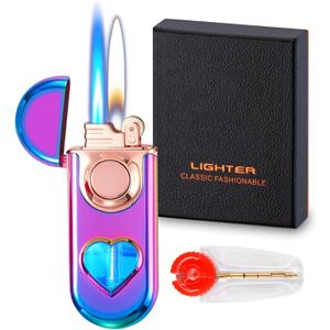 Torch Dual Flame Lighter with 6pcs Flint Stone, Windproof with Visible Gas Window, Adjustable Soft & Jet Flame, Refillable Butane for Indoor/Outdoor - Color Ice