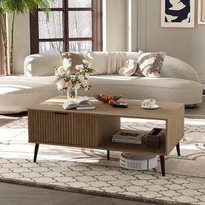 41.34''D Coffee Table, 2-Tiers Farmhouse Coffee Tables With Storage and Sliding Wave Pattern Door, Modren Tea Table, Wooden Dining Center Tables for Living Room, Office, Bedroom, Outdoors, Wood