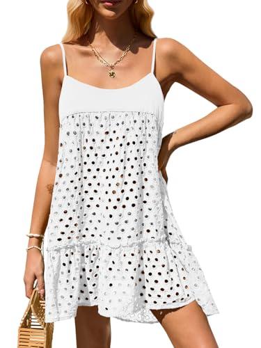 Saodimallsu Womens Crochet Cover Up Summer Spaghetti Strap Hollow Out Fringe Tie Back Beach Coverup Cami Dress White, Size XL