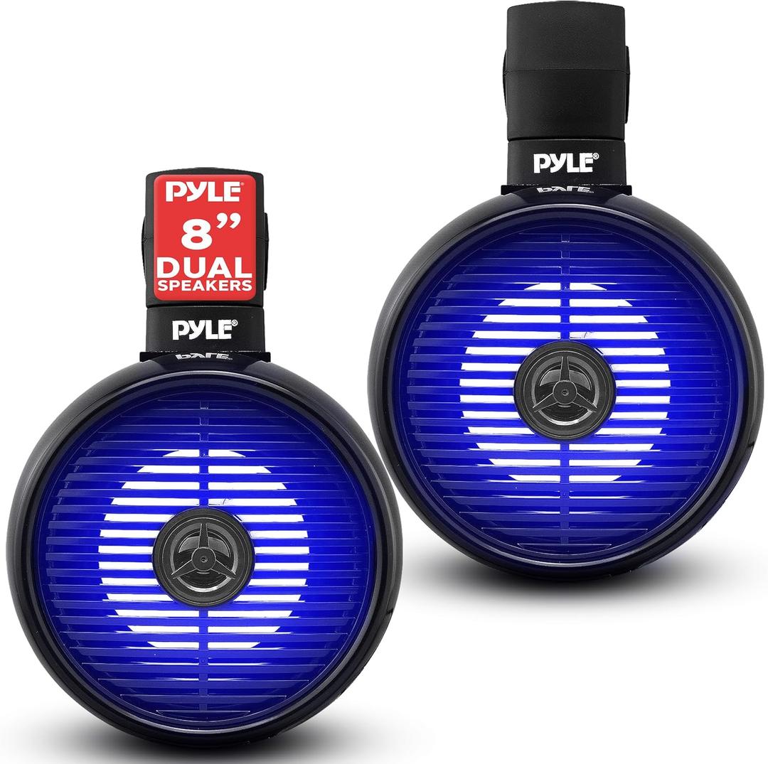 Pyle 8" Marine Wakeboard Waterproof Speaker - Single 2-Way Mini Box Speaker System with Built-in LED Lights, 8 Woofer, ABS Construction, Waterproof, Boats and Outdoor Use, Mounting Bracket Included (Black)