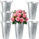 6 Packs 10 Inch Tall Galvanized Metal Flower Vases with Handles, Metal Flower Buckets for Cut Flowers, Country Wedding, Table Centerpiece Decorations(Sliver)