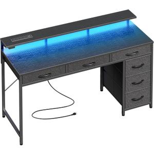 Huuger Gaming Desk with 6 Drawers, Computer Desk with LED Lights Power Outlets and Type-C, 47 Inch Office Desk with Storage, Monitor Stand, Writing Desk Work Desk Home Office, Bedroom, Study, Black