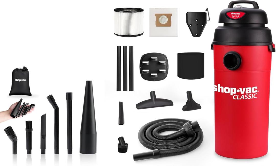 Shop-Vac 5 Gallon 5.5 Peak HP Wet/Dry Vacuum + 6PC Micro Cleaning Nozzle Kit, 1-1/4" Detailed-Cleaning Attachments