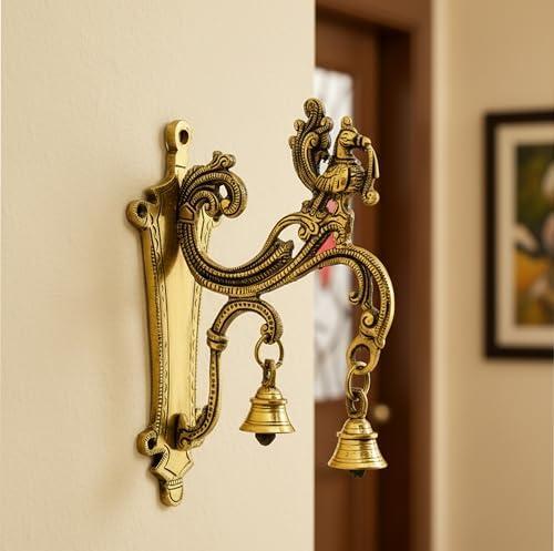 eSplanade Brass Wall Bracket Wall Hanger for Hanging Diya Lamp | Wall Decor | Peacock with Bells - 8.5" Inches