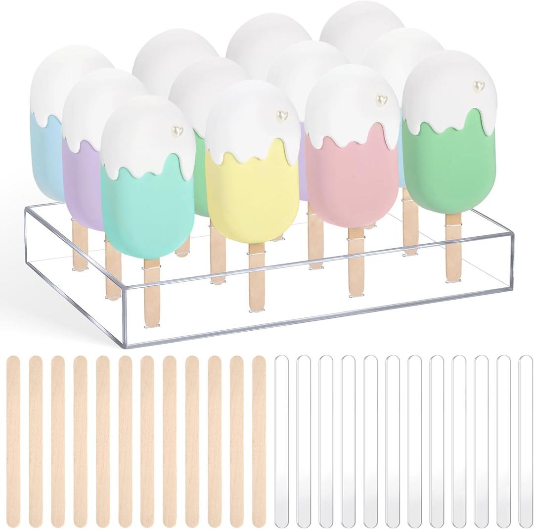 Gejoy Cakesicle Stand Display 12 Holes Acrylic Cake Pop Stand with 12 Pcs Reusable Acrylic Sticks and 50 Pcs Wooden Sticks Clear Ice Holder for Dessert Table Birthday Wedding
