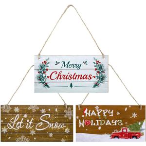 Jetec 3 Pcs Christmas Sign Merry Christmas Decoration Small Let It Snow SignWood Hanging Xmas Ornament Happy Holidays Wall Decor with Rope for Home Door Wall Room Kitchen Farmhouse Indoor Outdoor