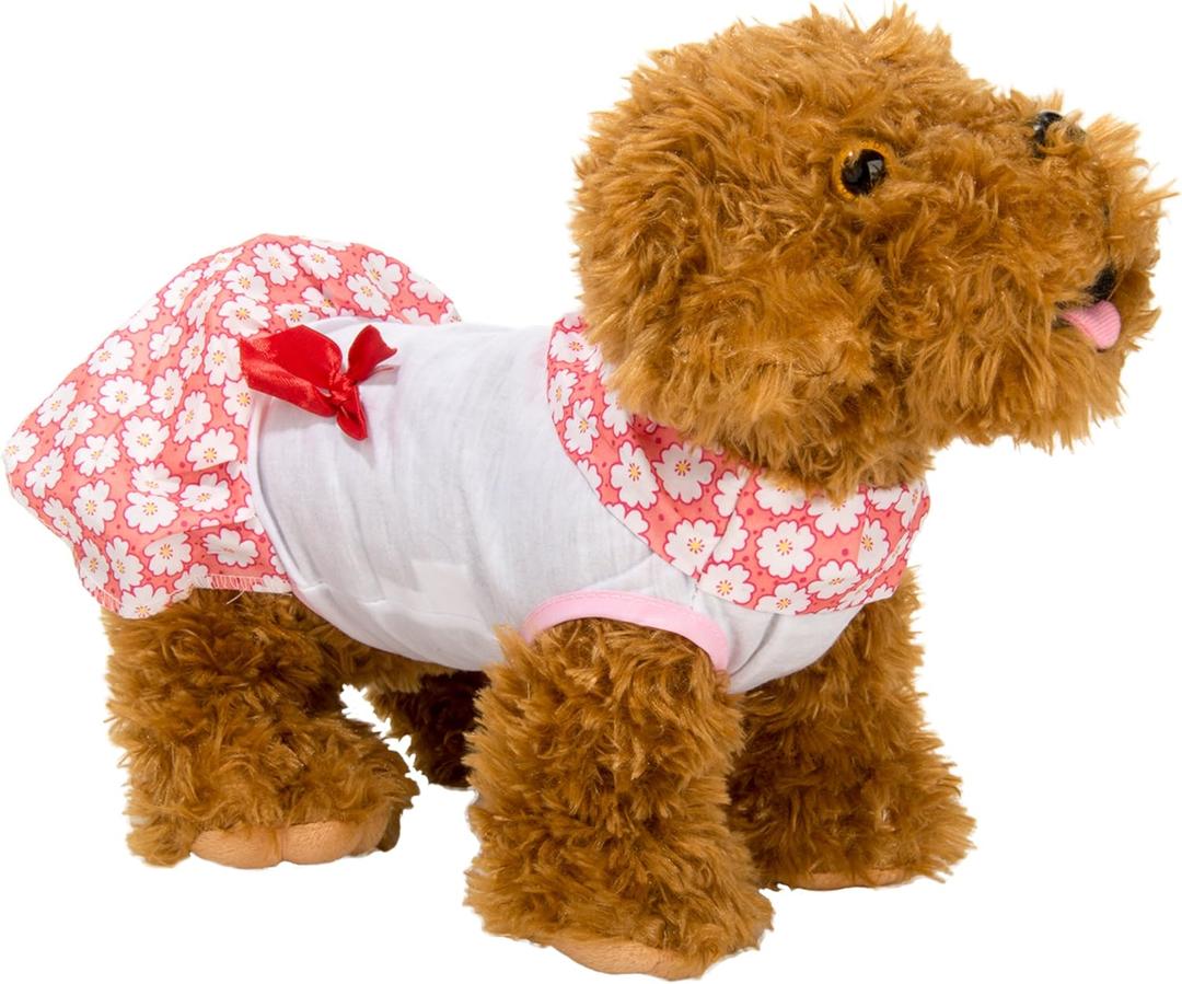 Floral Pet Dress with Red Bow, Large, Pink/White