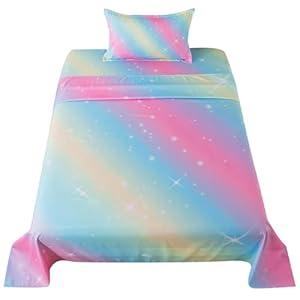 ADASMILE A & S Rainbow Sheets Twin Size 3 Piece Gradient Glitter Bed Sheet for Girls Colorful Rainbow Galaxy Bedding Set Tie Dye Pastel Girls Sheet Set with 1 Fitted Sheet 1 Flat Sheet 1 Pillowcase