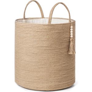 Mkono Tall Wicker Laundry Basket Woven Storage Basket Decorative Natural Rope Basket Wooden Bead Decoration for Blankets,Toys,Clothes,Shoes,Plant Organizer Bin with Handles Living Room 15"Wx17.7"L (Brown)