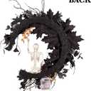 20" Pre-lit Halloween Black Moon Wreath with Poseable Skeleton, Handmade Halloween Wreath Decor for Home Front Door Porch Wall Hanging