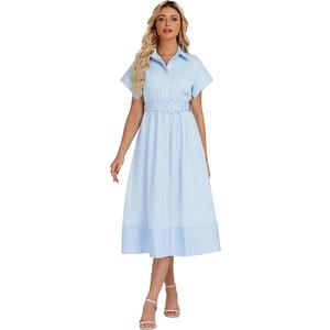 Ladyful Women Casual Button Down Shirt Dress Short Wing Sleeve Buiness Midi Shirt Dress with Belt Elegant Dress (X-Large, Light Blue)