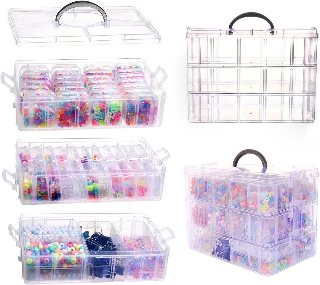 VTG Bead Organizer Box, 56 Pcs Small Plastic Containers with Lids and 3-Tier Stackable Storage Box, Clear Organizers for Jewelry Toys Craft Storage