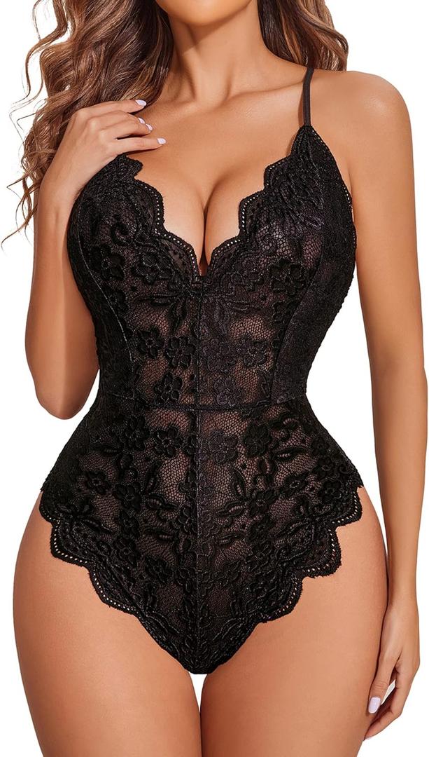 Avidlove Sexy Lingerie for Women Deep V Teddy Sheer Lace Bodysuit Snap Crotch One Piece Babydoll (Double Layers - Black), XL