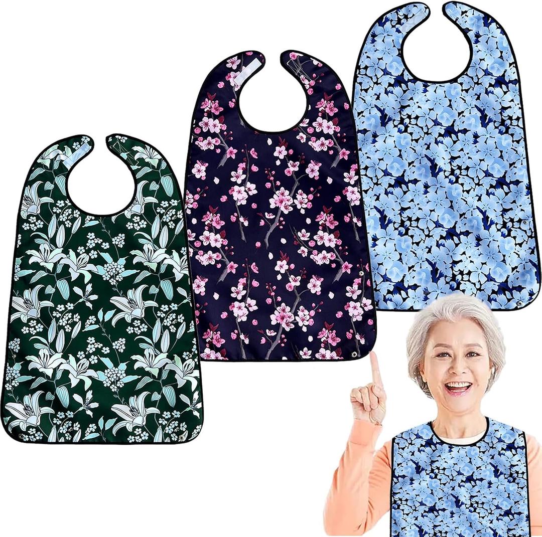 VOPHIA Adult Bibs for Women Washable Bib Reusable Waterproof Clothing Protector with Optional Crumb Catcher (Lily Green 3pack)